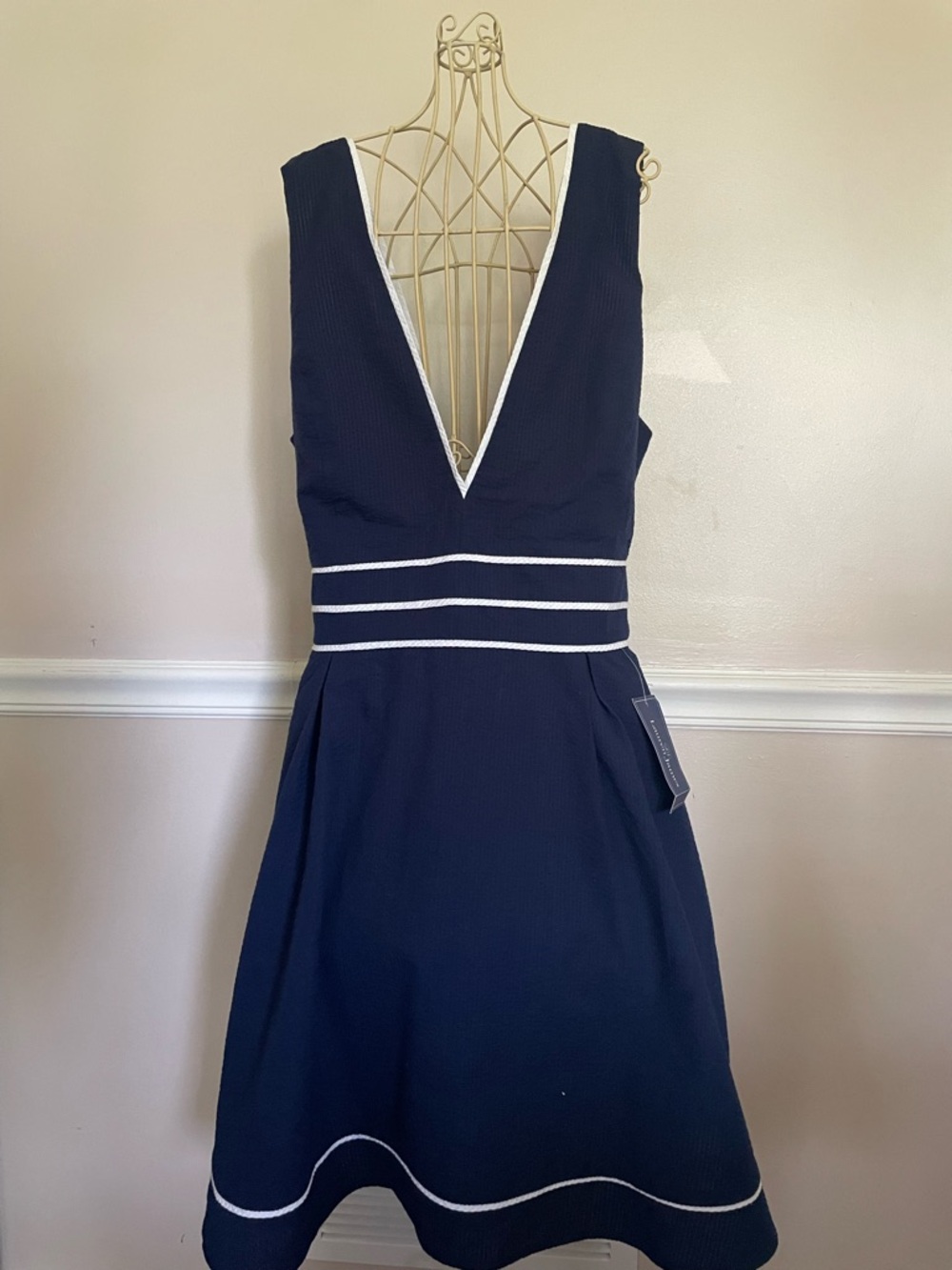 Lauren James Navy V-Neck Fit & Flare Dress with White Trim